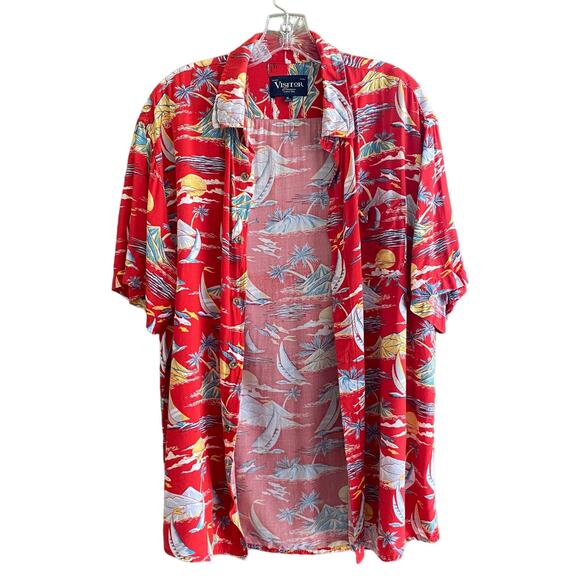 VISITOR Men's Size XL Hawaiian Shirt Short Sleeves Button Down Palm Trees - Picture 9 of 10